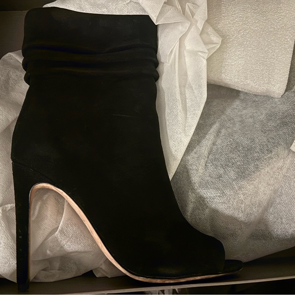 Halston Heritage Black Suede Peep-Toe Ankle Boots